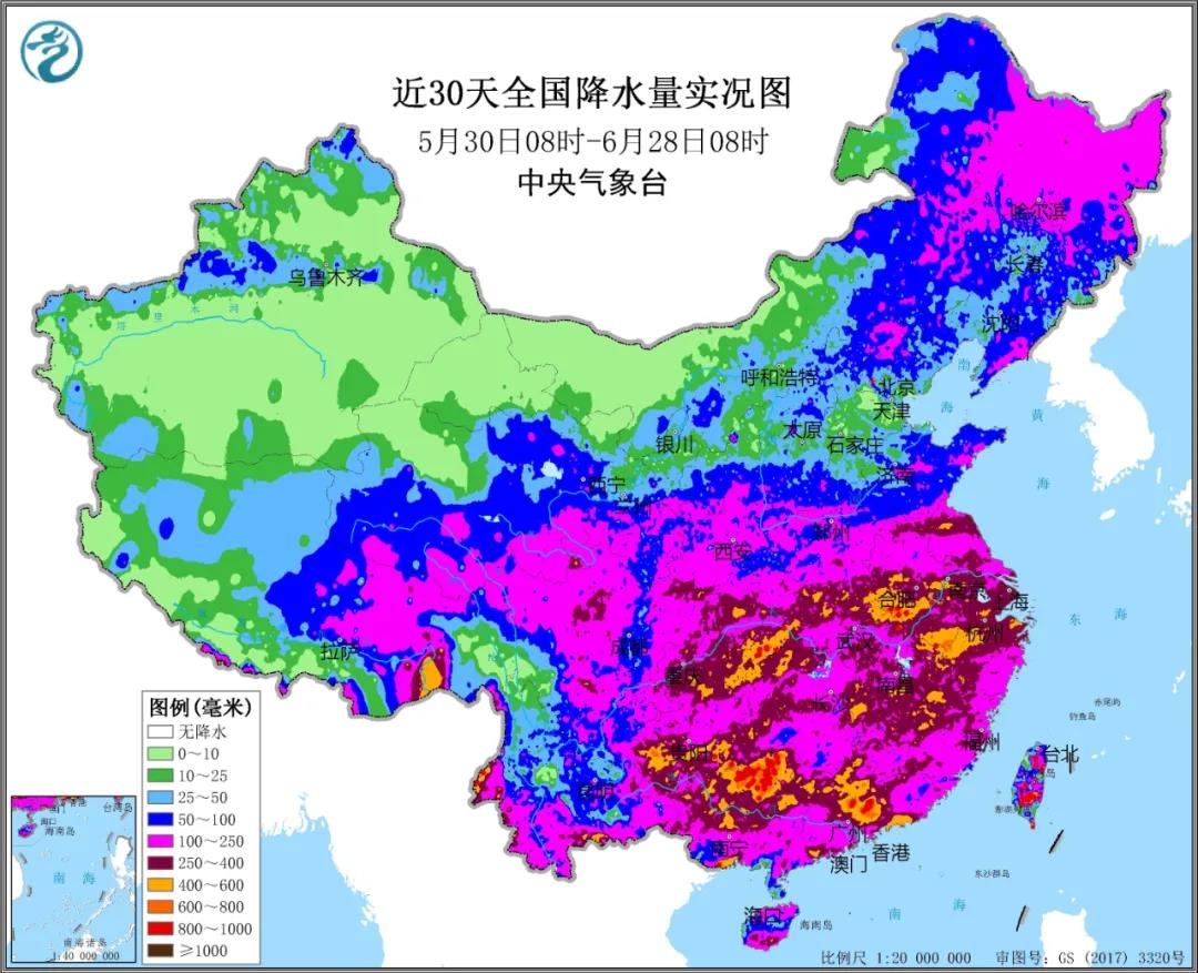▲圖為近30天全國降水實(shí)況圖。來源：中央氣象臺(tái)