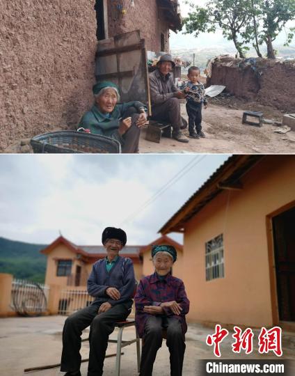 上圖為甲甲溝村村民羅木你坡夫婦所住的舊房，下圖為夫婦倆遷入的新居。(拼版圖) 張浪 攝