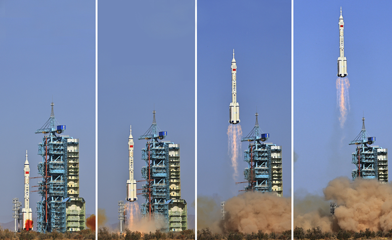 2023年10月26日，神舟十七號(hào)載人飛船發(fā)射升空過(guò)程（拼版照片）